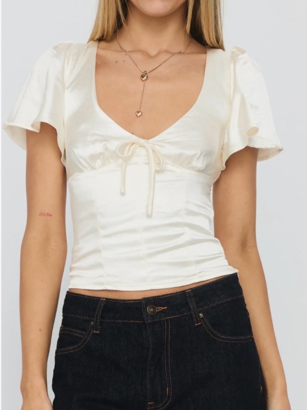 Princess Polly Cream Satin Tie-Front Puff Sleeve Crop Top "Sun Will Rise"